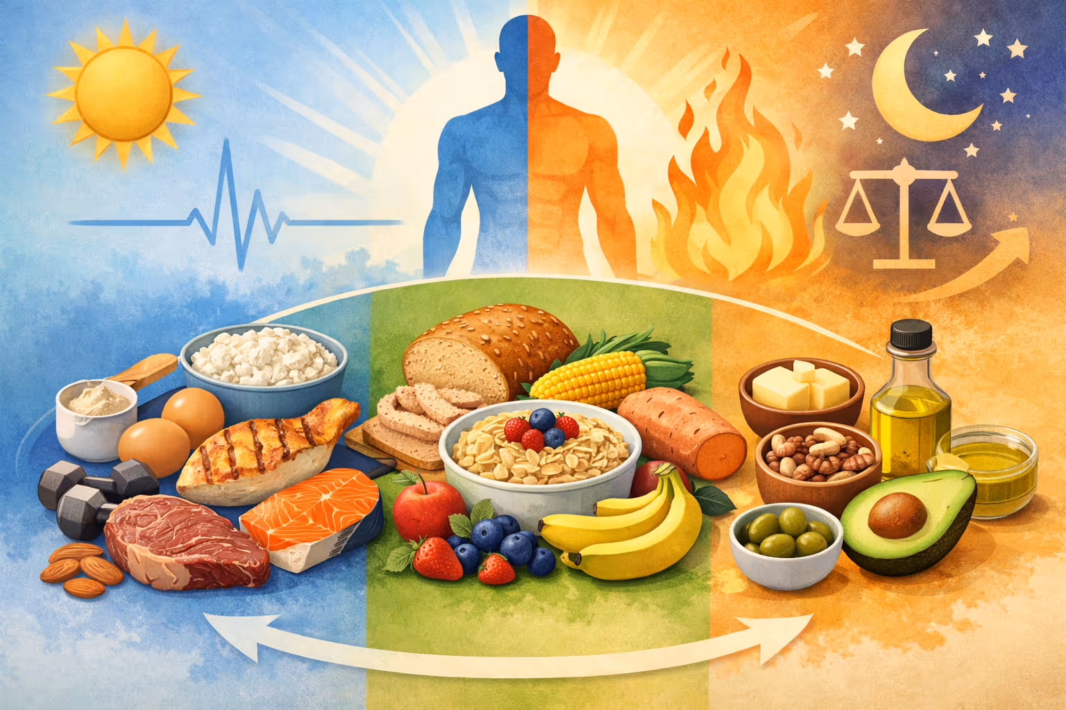Balanced nutrition illustration showing protein foods, healthy carbohydrates, and good fats for energy, metabolism, and weight management